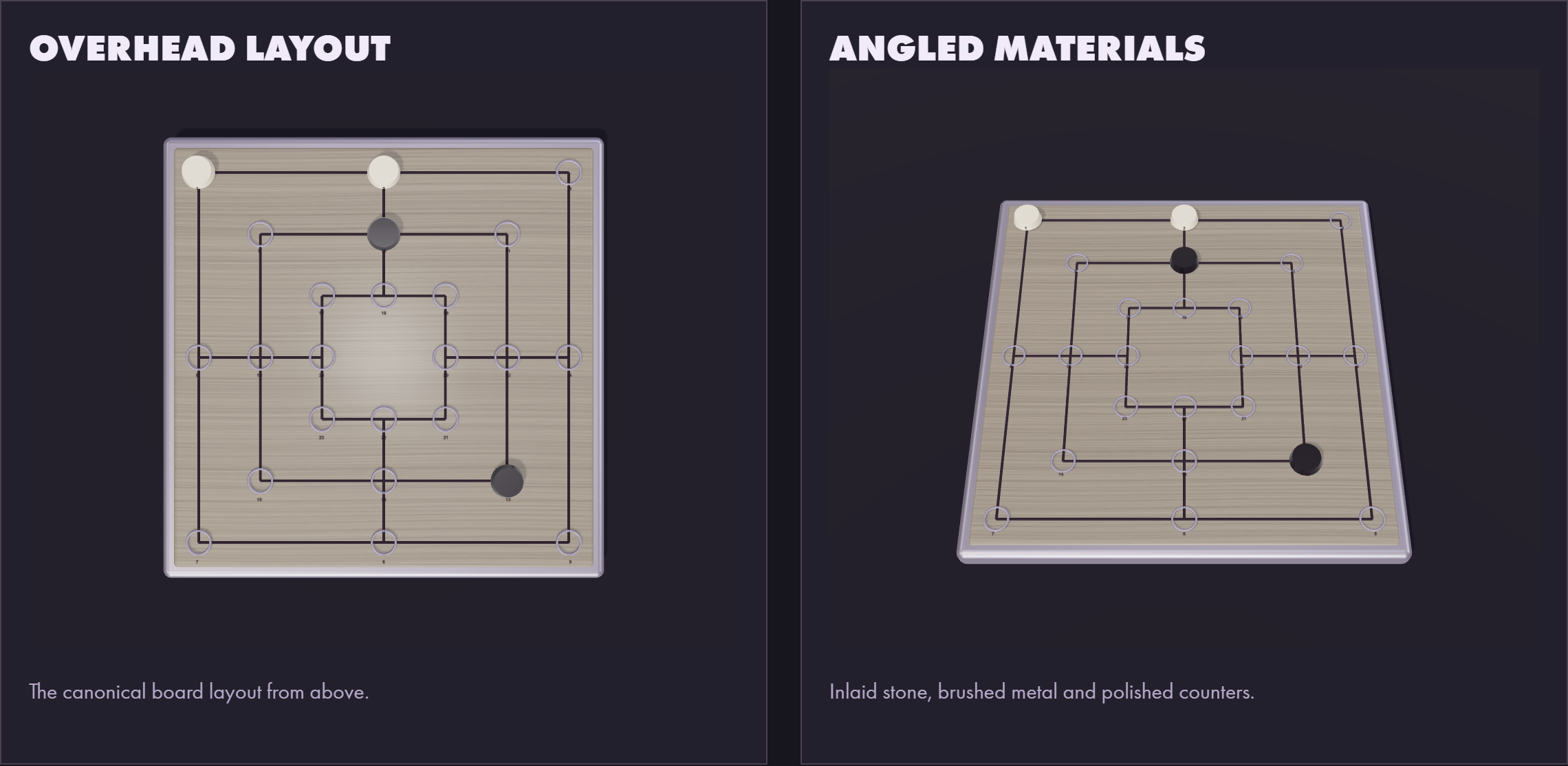 Nine Men's Morris 3D asset sheet rendered from the actual live game models